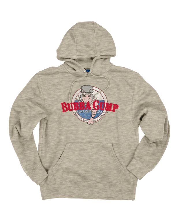 Oatmeal colored hoodie with Bubba Gump logo. The logo is a distressed style and the word "bubba gump" is a red applique.