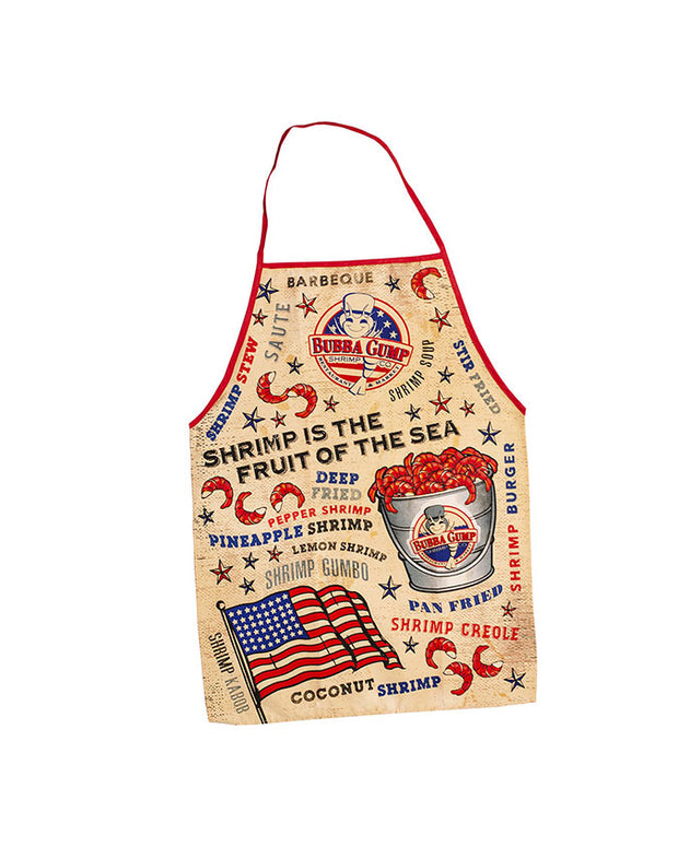 Apron featuring various shrimp dishes and patriotic American flag motifs. The apron is branded with ‘BUBBA GUMP’ and showcases shrimp illustrations, creative fonts listing dishes like ‘PINEAPPLE SHRIMP’ and ‘COCONUT SHRIMP’, and a vintage, rustic background and red trimming on the top.