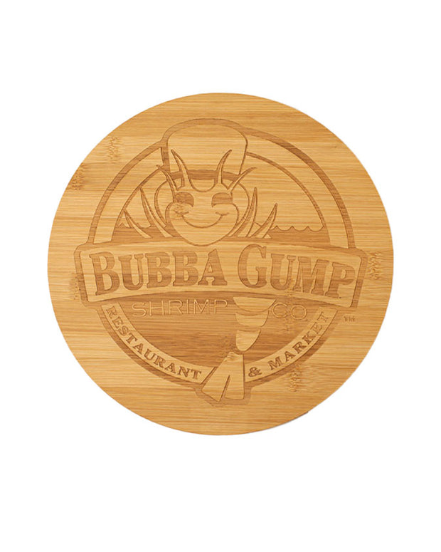 A round Bamboo Cutting Board with 'BUBBA GUMP SHRIMP AND CO' logo .