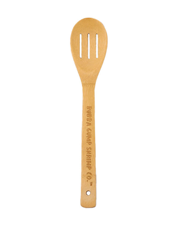 A Bamboo Spoon with embossed text on handle that reads 'BUBBA GUMP SHRIMP CO.' on a white background.