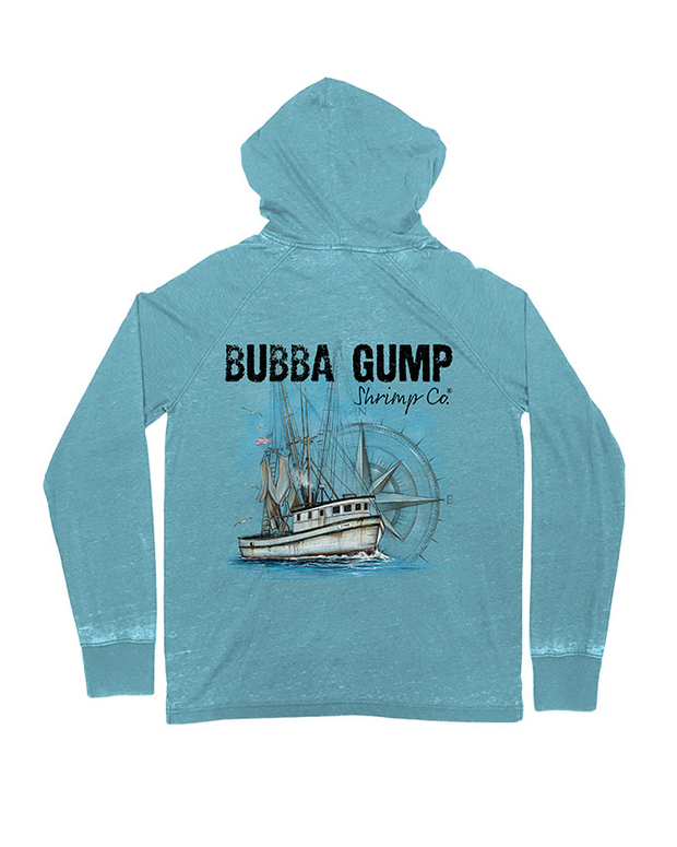 Blue hoodie with back graphic showcasing a boat with compass design behind it. Above graphic reads "Bubba Gump Shrimp Co."