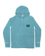 Front of blue hoodie with drawstrings and a kangaroo pocket. Left check reads "bubba Gump Shrimp co."