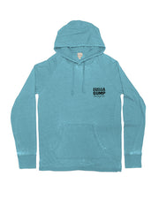 Front of blue hoodie with drawstrings and a kangaroo pocket. Left check reads "bubba Gump Shrimp co."