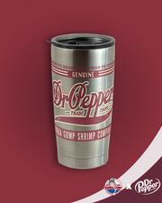 silver tumbler that reads " i must've drank me fifteen dr peppers" on top. below is a burgundy line with the word "genuine" in the center. int eh middle of the tumbler is the "dr pepper trade mark" logo. on the bottom, reads "bubba gump shrimp company" on a burgundy line.