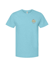 Front view of t-shirt. Light blue with 'BUBBA GUMP' logo on the top left chest area.
