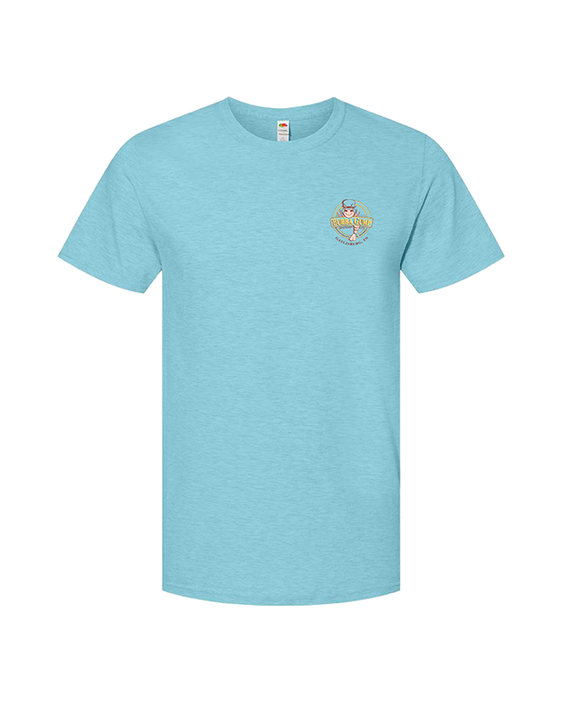 Front view of t-shirt. Light blue with 'BUBBA GUMP' logo on the top left chest area.
