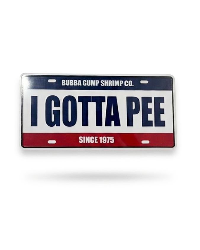 License plate with 'I Gotta Pee' text and Bubba Gump Shrimp Co. branding on a white background