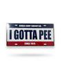 License plate with 'I Gotta Pee' text and Bubba Gump Shrimp Co. branding on a white background
