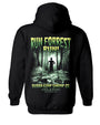 A black hoodie with a graphic print on the back. The print features a forest scene in shades of green and black with a figure running away into the distance, reminiscent of a scene from the movie ‘Forrest Gump.’ Above the figure, in large yellow letters, is the phrase ‘RUN FORREST RUN!’ Below the forest scene, in smaller white text, reads ‘BUBBA GUMP SHRIMP CO. ORLANDO HALLOWEEN 2024".