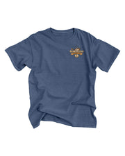 Front of the navy overdyes short sleeve scoop neck tee with left chest tiny orange graphics. Graphics depict a small sailing ship and an anchor image at the bottom. In the middle of the graphics, there are the words "Bubba Gump Shrimp Co."