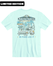 'LIMITED EDITION' text at the top of a mint color t-shirt with a detailed graphic print showcasing ‘BUBBA GUMP SHRIMP CO. ORLANDO’ and various illustrations including a shrimp boat, pier, and the phrase ‘NO PLACE LIKE IT’ on a white background.