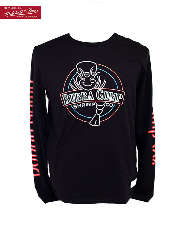 Front of Black long sleeve scoop neck tee with neon graphics on the front chest and both sleeves sides. The white, blue, and neon red front graphic is a Bubba Gump Classic logo in neon style. Top left maroon tag that reads "Nostalgia Co. Mitchell & Ness Philadelphia, PA."