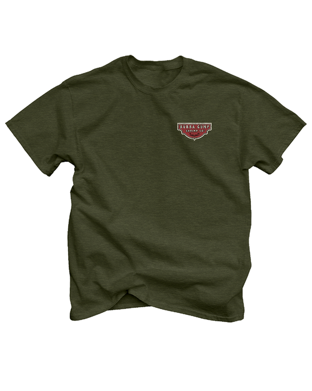 A green t-shirt with a small red and white logo on the left chest area reading 'BUBBA GUMP SHRIMP CO.', laid flat against a white background.