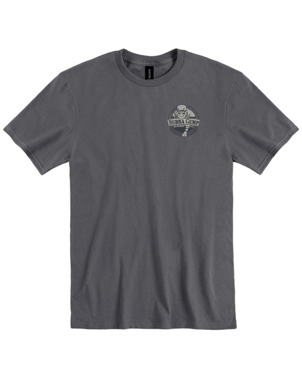 Front view of a grey shirt with 'Bubba Gump' logo in light grey on top left chest area.
