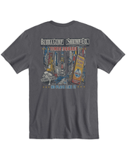 Back of a grey t-shirt featuring a graphic print. The print shows an urban scene with buildings and signage, including the words “BUBBA GUMP SHRIMP CO.” and “TIMES SQUARE” prominently displayed. Below the urban imagery, text reads “NO PLACE LIKE IT.” This design gives the impression of a bustling city atmosphere associated with Times Square in New York City, known for its connection to the Bubba Gump Shrimp Company restaurant chain.