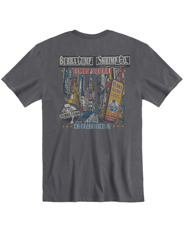Back of a grey t-shirt featuring a graphic print. The print shows an urban scene with buildings and signage, including the words “BUBBA GUMP SHRIMP CO.” and “TIMES SQUARE” prominently displayed. Below the urban imagery, text reads “NO PLACE LIKE IT.” This design gives the impression of a bustling city atmosphere associated with Times Square in New York City, known for its connection to the Bubba Gump Shrimp Company restaurant chain.