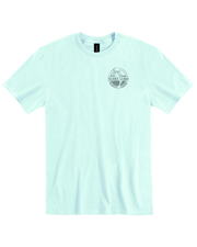 Front view. A mint color  t-shirt with a small circular logo on the left chest area that reads ‘BUBBA GUMP' on a white background.