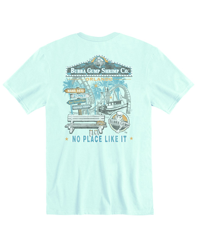 Back view of shirt. A mint color t-shirt with a detailed graphic print showcasing ‘BUBBA GUMP SHRIMP CO. ORLANDO’ and various illustrations including a shrimp boat, pier, and the phrase ‘NO PLACE LIKE IT’ on  a white background.