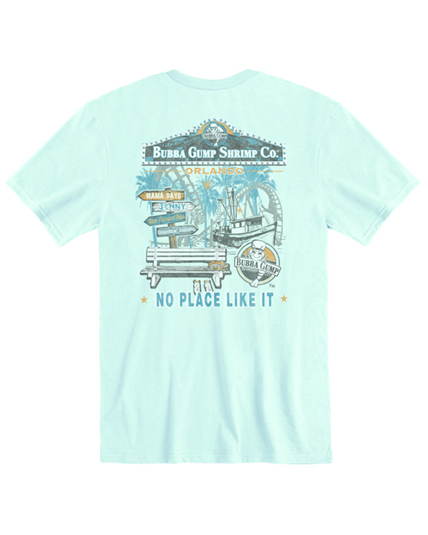 Back view of shirt. A mint color t-shirt with a detailed graphic print showcasing ‘BUBBA GUMP SHRIMP CO. ORLANDO’ and various illustrations including a shrimp boat, pier, and the phrase ‘NO PLACE LIKE IT’ on  a white background.