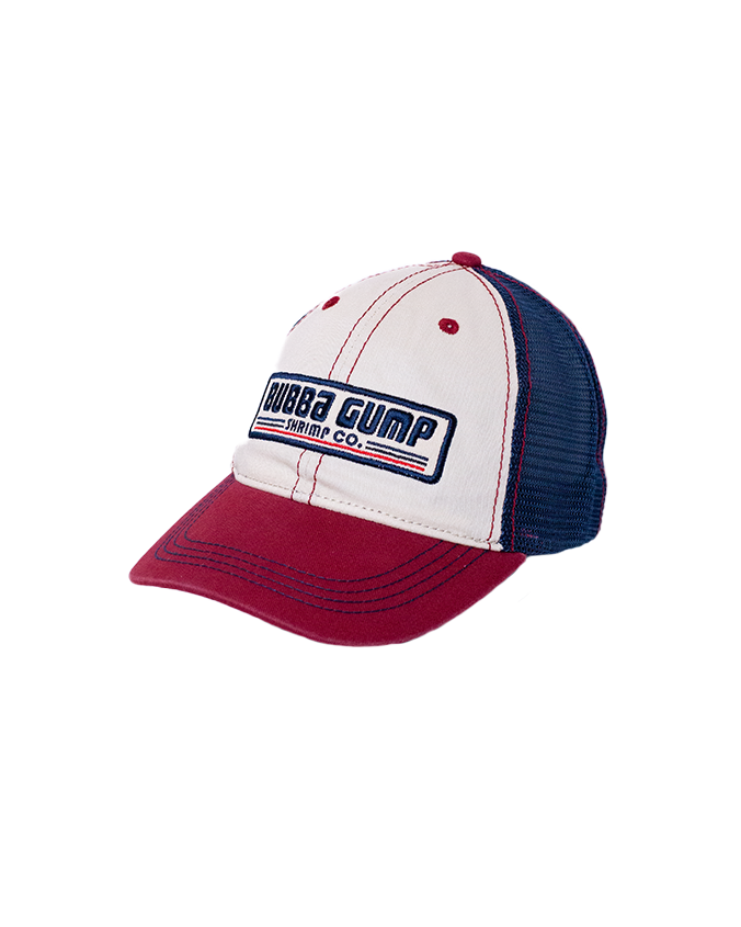 Red and white trucker cap with a blue mesh back, featuring "BUBBA GUMP SHRIMP CO." logo on the front.