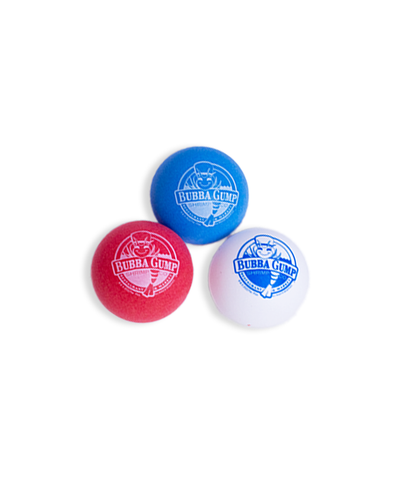 three ping pong balls. the blue and red one has a white Bubba Gump logo  and the white ping pong has a blue logo.
