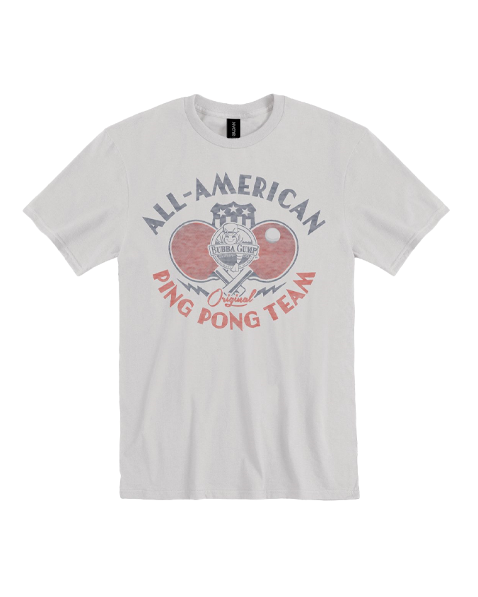 Front view. A white T-shirt with a red and grey graphic that reads ‘ALL-AMERICAN PING PONG TEAM’ on white background. 