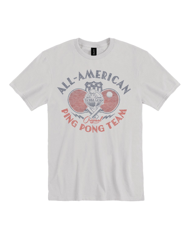 grey tee that reads in navy blue letters on top "all american". in center is two ping pongs crisscrossed with bubba gump logo in middle. on bottom, in red letters reads "ping pong team".