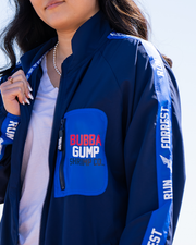Close up of 'BUBBA GUMP SHRIMP CO' text on the front zip up pocket.