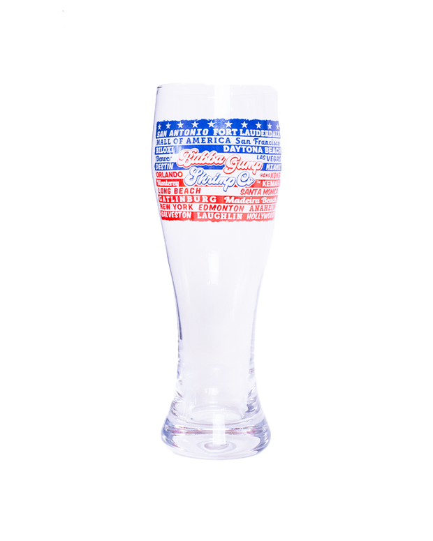 pilsner glass with red and blue lines listing different cities. Bubba Gump Shrimp Co. is located in the center of graphic.