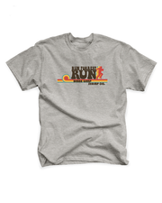 oatmeal shirt that reads in brown letters "run forrest run", "bubba gump shrimp co." under the phrase is lines going straight, with a silhouette of a running person on the right side.