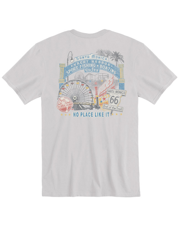 grey tee with "santa monica yacht harbor sport fishing boating cafe" sign. Other designs show bubba gump logo, a Ferris wheel. rides sign and route 66.