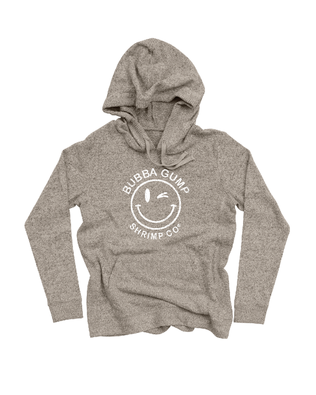 thin, grey hoodie with a winking smiley face on center of chest. Above it reads "bubba gump", and below "shrimp co."