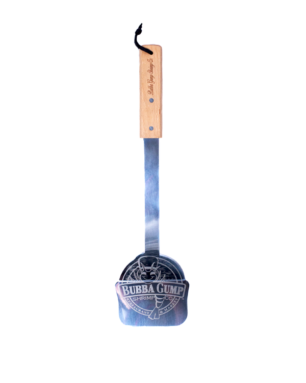 grilling spatula with bubba gump logo engraved and word "Bubba Gump Shrimp Co" lasered on bamboo handle.