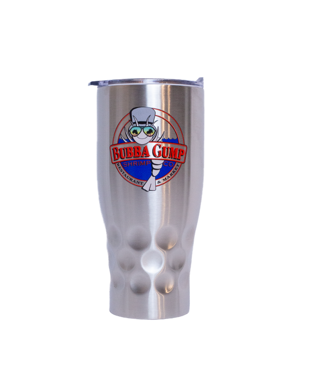 silver tumbler with original bubba gump logo. sunglasses placed on Shrimp Louie, with a reflection of palm trees and a sunset.