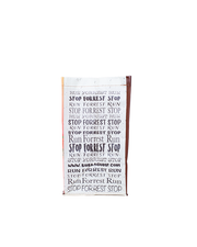 Other side view of bag has text repeated in vertical columns, alternating between ‘RUN FORREST RUN’ and ‘STOP FORREST STOP’ in capital letters. The text references the famous lines from the movie ‘Forrest Gump,’.