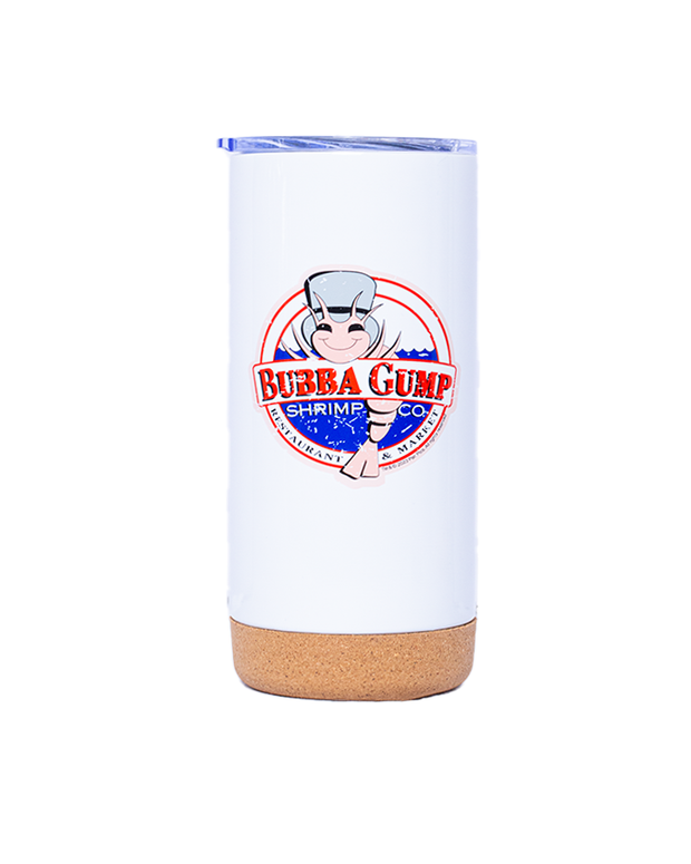 white tumbler with cork bottom and classic bubba gump logo in center.