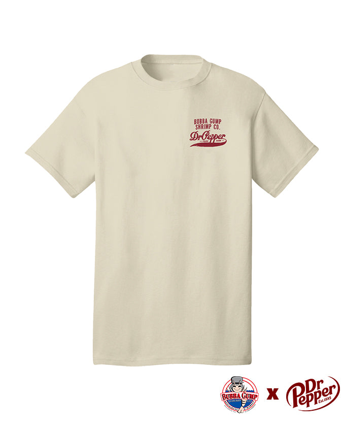 Dr. Pepper and Bubba Gump collaboration. Front view of oatmeal t-shirt with text 'Bubba Gump Shrimp Co' and Dr. Pepper vintage logo in red. 