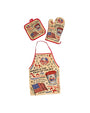 Vintage-style kitchen mitts featuring shrimp recipes and patriotic American flag motifs. The mitts showcase phrases like ‘SHRIMP IS THE FRUIT OF THE SEA’ and include name of dishes like ‘STIR FRIED SHRIMP,’ ‘SHRIMP GUMBO,’ ‘SHRIMP CREOLE,’ and ‘COCONUT SHRIMP.’ And a bucket of shrimp with Bubba Gump logo . Apron featuring various shrimp dishes and patriotic American flag motifs. The apron featuring the same print.