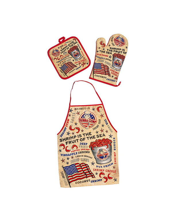 Vintage-style kitchen mitts featuring shrimp recipes and patriotic American flag motifs. The mitts showcase phrases like ‘SHRIMP IS THE FRUIT OF THE SEA’ and include name of dishes like ‘STIR FRIED SHRIMP,’ ‘SHRIMP GUMBO,’ ‘SHRIMP CREOLE,’ and ‘COCONUT SHRIMP.’ And a bucket of shrimp with Bubba Gump logo . Apron featuring various shrimp dishes and patriotic American flag motifs. The apron featuring the same print.