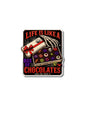 A square graphic print or sticker featuring a Halloween-themed chocolate box. The design shows a skeleton hand holding an open box of assorted chocolates, with a wrapped gift box tied in red ribbon.