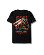 A black short-sleeve graphic t-shirt featuring a design inspired by the movie 'Box of Chocolates'. The graphic shows a skeleton hand holding a box of colorful chocolates, with red text reading 'LIFE IS LIKE A BOX OF CHOCOLATES' and smaller white text reading "Bubba Gump hrimp Co. Orlando"