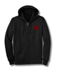 A black zip-up hoodie with a small red embroidered graphic on the left chest reading 'RUN FORREST RUN', displayed against a clean white background.