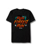 A black short-sleeve t-shirt with a graphic print on the front reading 'RUN FORREST RUN' in orange and red, with teal splatter details and small white text below, shown on a white background.
