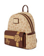 A Loungefly  X Bubba Gump mini backpack in beige and brown, featuring a patterned body, a front zip pocket with a chocolate box design, and a top handle, shown on a plain white background.