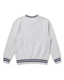A light gray heather crewneck sweatshirt shown from the back, featuring navy blue double stripes on the collar, cuffs, and hem.