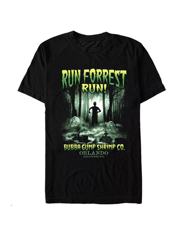 A black t-shirt with a graphic design featuring the phrase ‘RUN FORREST RUN’ in bold, distressed yellow letters at the top. Below is an illustration of a figure running on a path through a misty forest, with light beams filtering through the trees. At the bottom, there is another phrase ‘BUBBA GUMP SHRIMP CO. ORLANDO’ in smaller white letters against a black background.