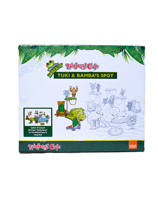 Illustration of the "Tuki & Bamba's Spot" playset from Rainforest Cafe, featuring animal characters and colorful jungle scenery.