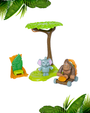 A playful scene featuring a cartoon elephant, a gorilla with a cart, and a tree, all in vibrant colors on a green base.