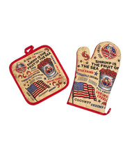 Vintage-style kitchen mitts featuring shrimp recipes and patriotic American flag motifs. The mitts showcase phrases like ‘SHRIMP IS THE FRUIT OF THE SEA’ and include name of dishes like ‘STIR FRIED SHRIMP,’ ‘SHRIMP GUMBO,’ ‘SHRIMP CREOLE,’ and ‘COCONUT SHRIMP.’ And a bucket of shrimp with Bubba Gump logo .