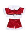 Red and white festive outfit with a jacket and shorts on a white background